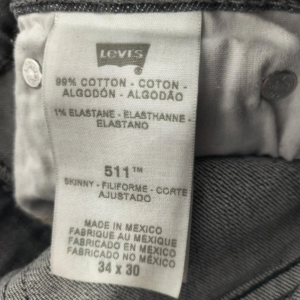 Levi Strauss 511 Men's Skinny Faded Black Denim Jeans 34x30